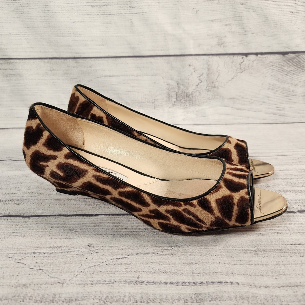 Brian Atwood Giraffe Print Size 36.5 Calf Hair Peep Toe Wedge Pumps Brown Gold
